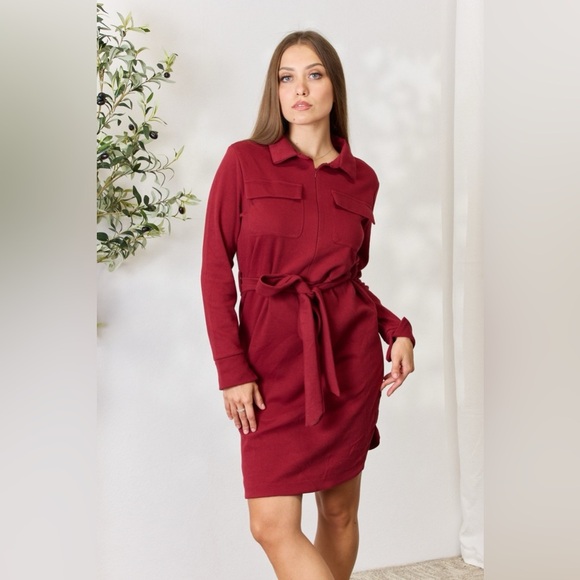 Culture Code Tie Front Half Zip Long Sleeve Shirt Dress - Picture 9 of 16